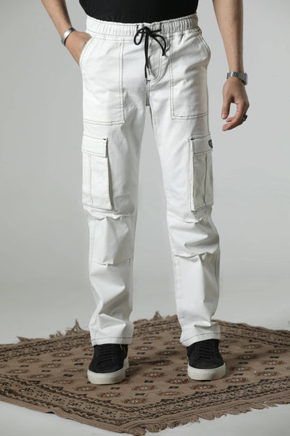 CONTRAST STITCH CARGO TROUSER (OFF-WHITE)
