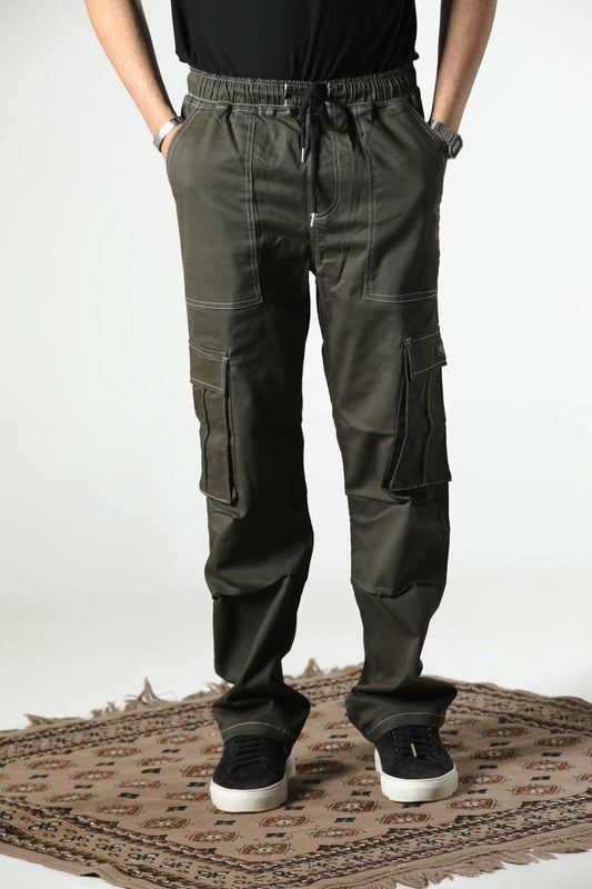 CONTRAST STITCH CARGO TROUSER (MILITARY-GREEN)